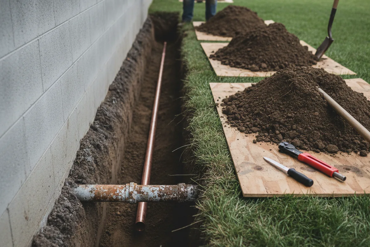 Excavated water line trench during Sewer Line Repair in Sonora